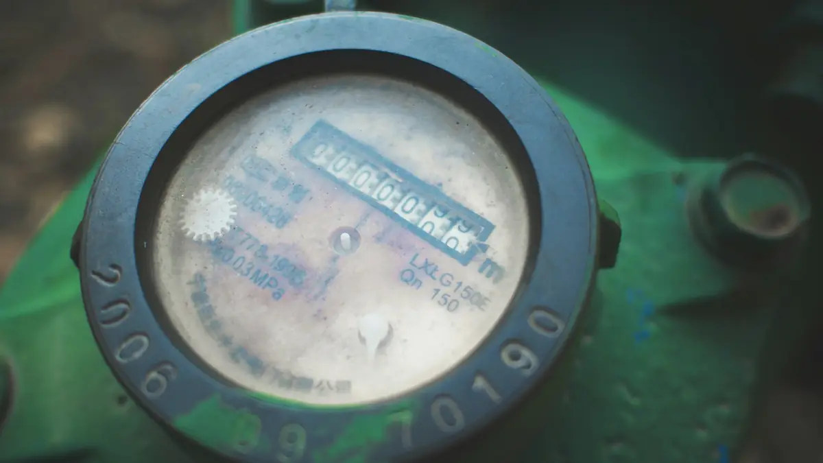 Close view of an old water meter dial in a green housing - Leak Detection in Commerce City