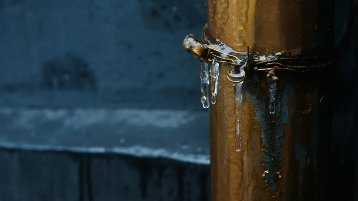 Icicles hanging from a corroded pipe clamp on a frozen pipe